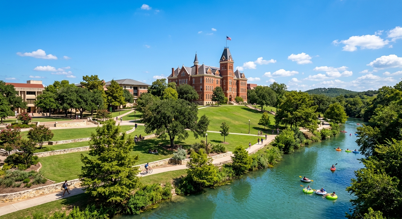 Texas State University campus in San Marcos with historic Old Main building, green lawns, and the San Marcos River flowing through campus under a clear blue Texas sky