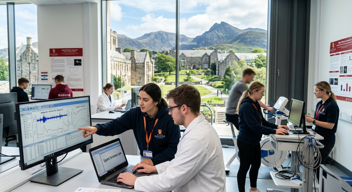 Bangor University campus with the Snowdonia mountains in the background, modern sport science laboratory with students analyzing performance data, bright and inspiring academic environment in North Wales