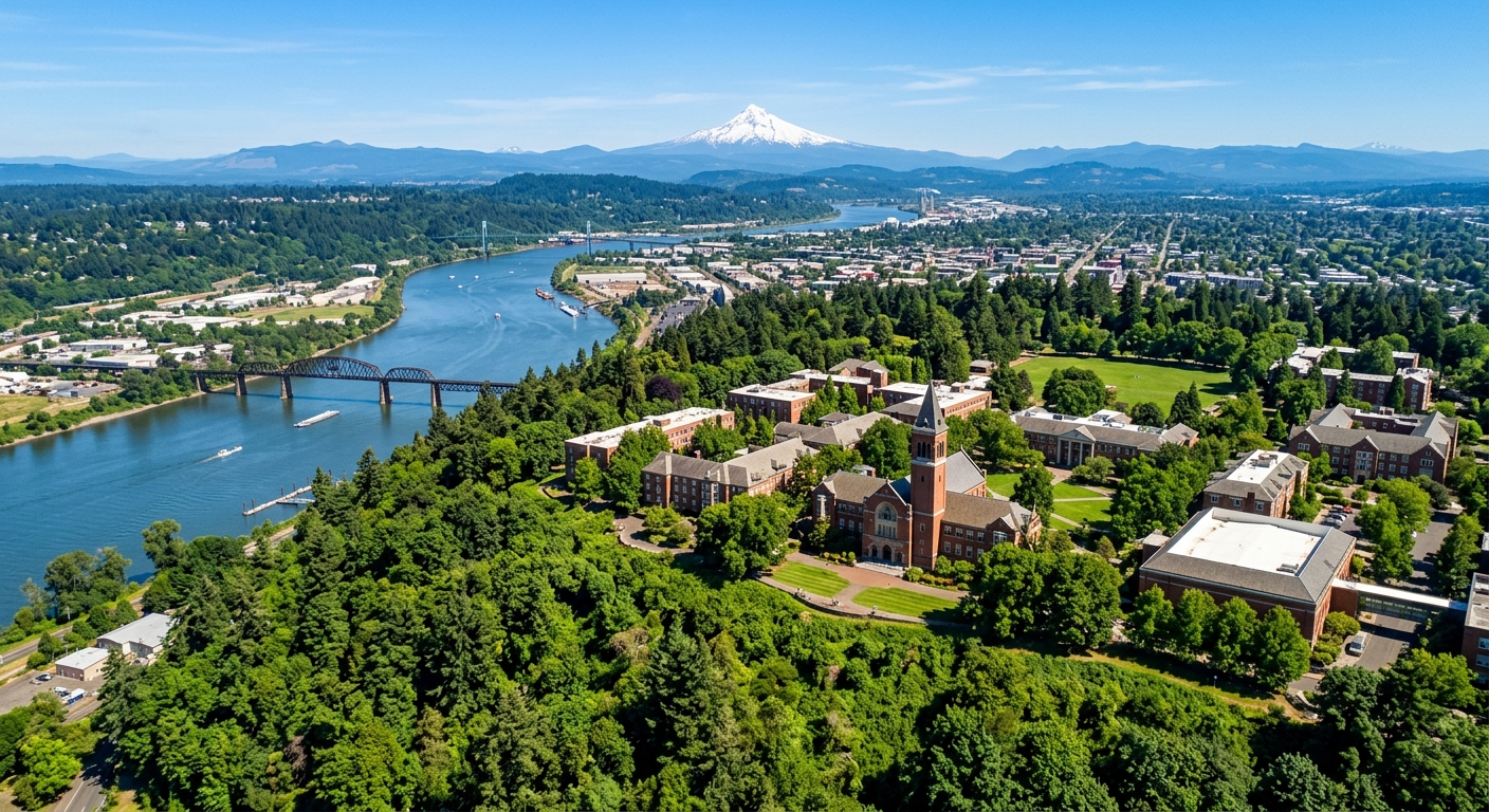 University of Portland campus aerial view on Waud's Bluff overlooking the Willamette River, lush green trees, historic Waldschmidt Hall, bell tower, and Mount St. Helens in the background under clear blue sky