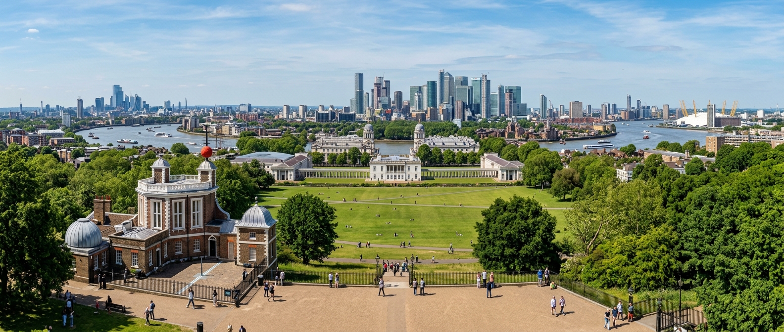 Panoramic view of Greenwich London, River Thames, Canary Wharf skyline in background, Greenwich Park with Royal Observatory, historic buildings and green spaces