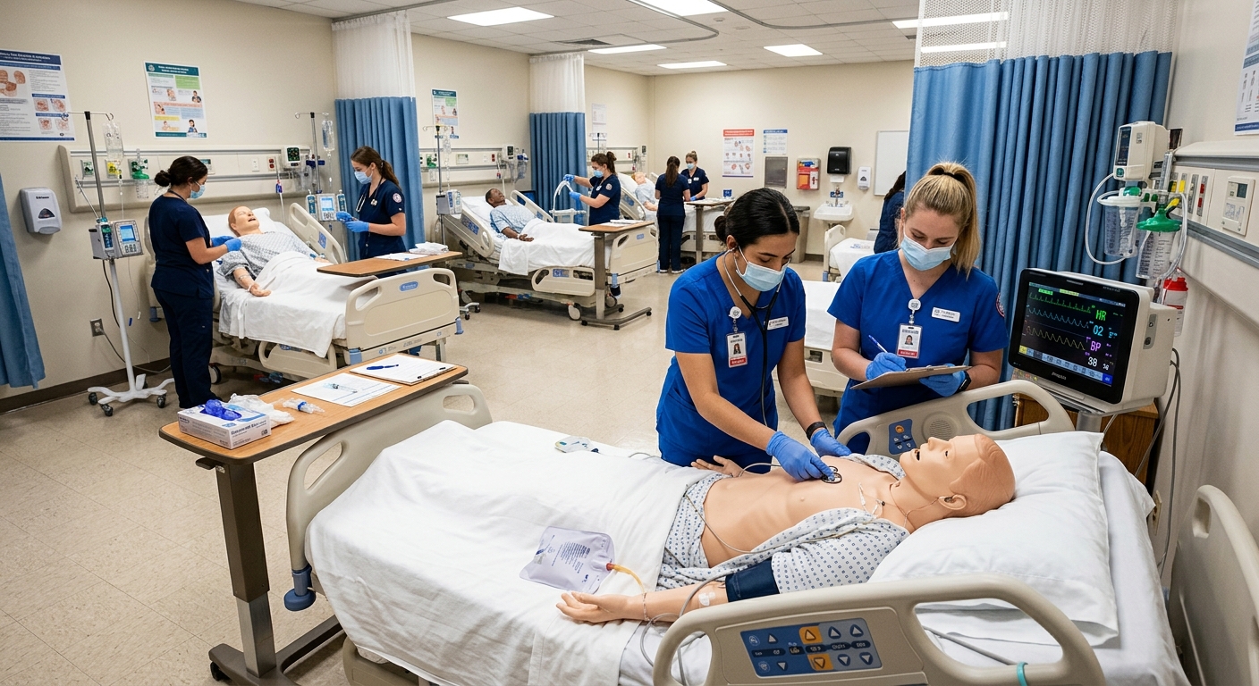 Nursing simulation laboratory with medical mannequins, hospital beds, monitoring equipment, students in scrubs practicing clinical skills