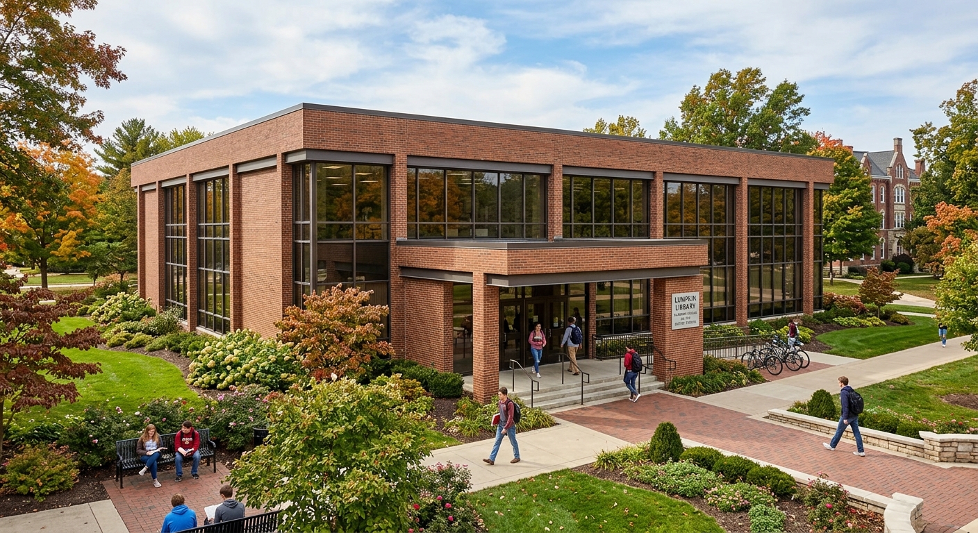 Lumpkin Library at Blackburn College, a modern brick building completed in 1970 by student workers, with large windows and a welcoming entrance surrounded by landscaped grounds