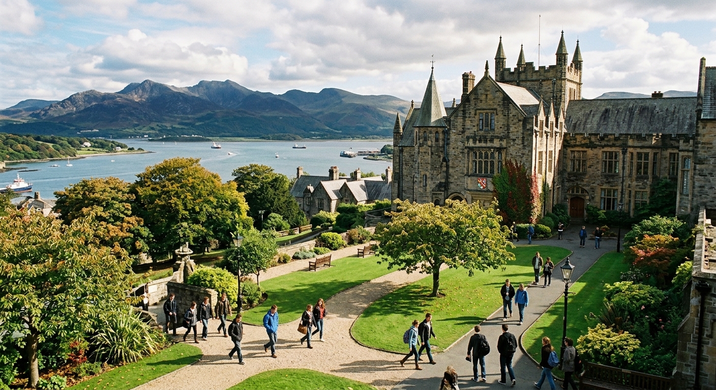 Bangor University campus with historic stone buildings set against the dramatic backdrop of Snowdonia mountains and the Menai Strait, students walking through green courtyards in North Wales