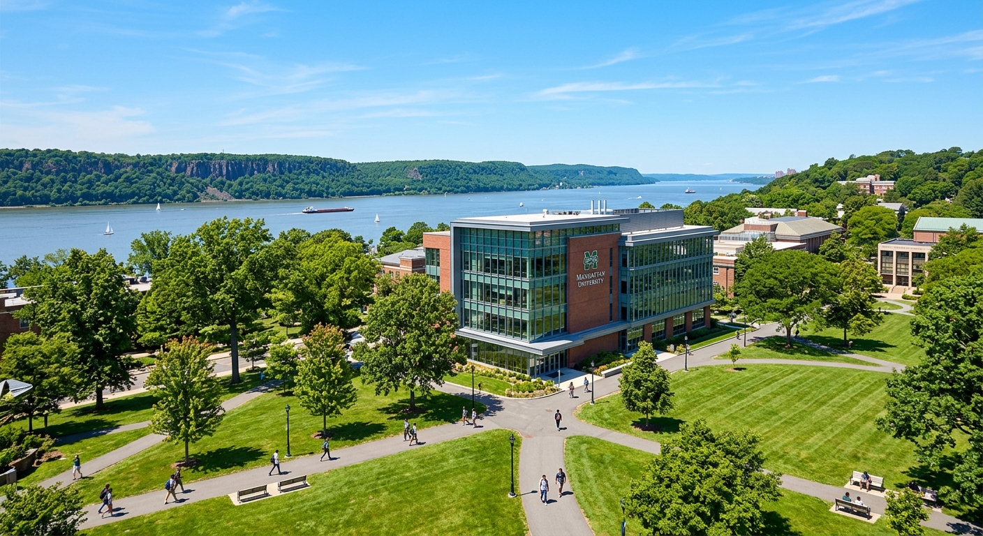 Manhattan University campus in Riverdale, Bronx, New York with modern engineering building, green lawns, trees, and the Hudson River visible in the background under clear blue sky