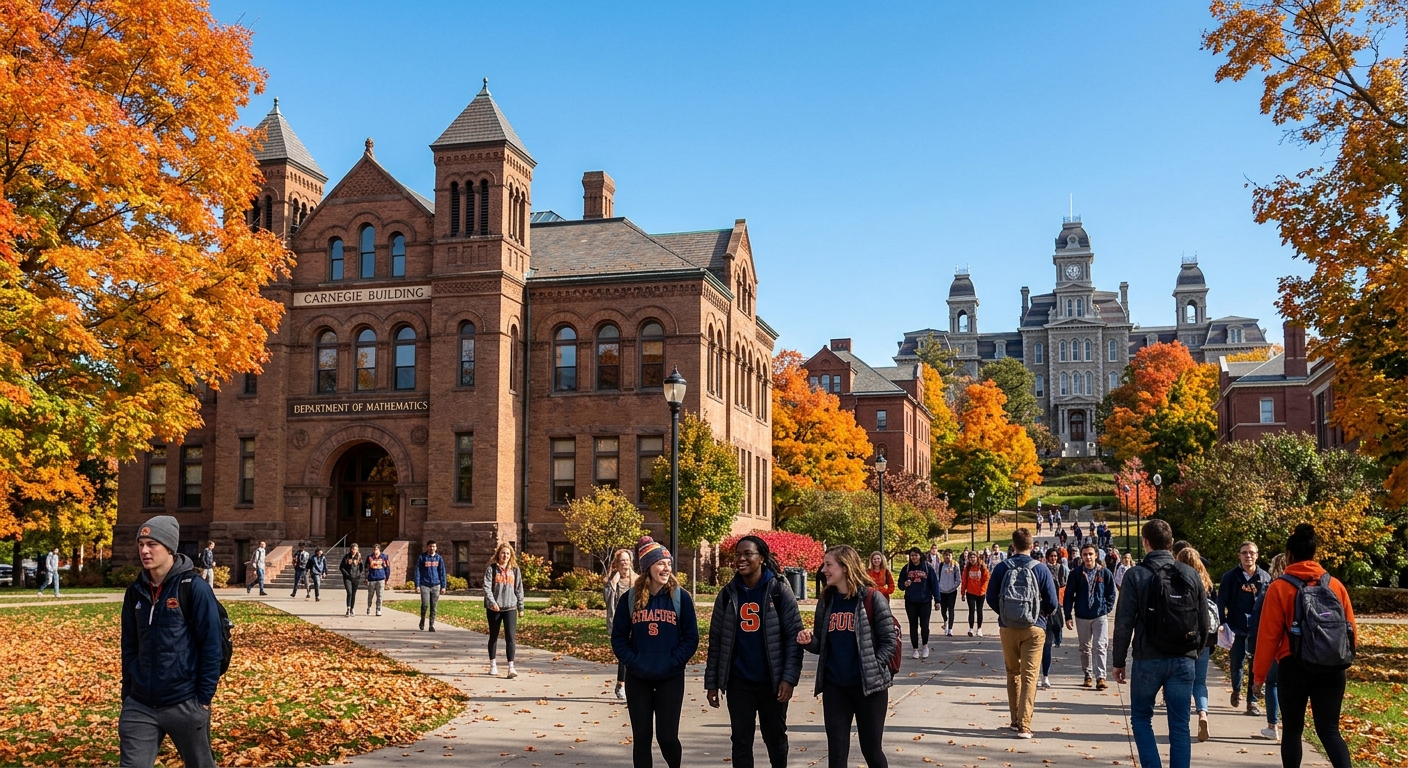 Syracuse University campus in autumn with orange-leafed trees, Carnegie Building housing the Department of Mathematics, students walking along pathways with the iconic Hall of Languages in the background, clear blue sky