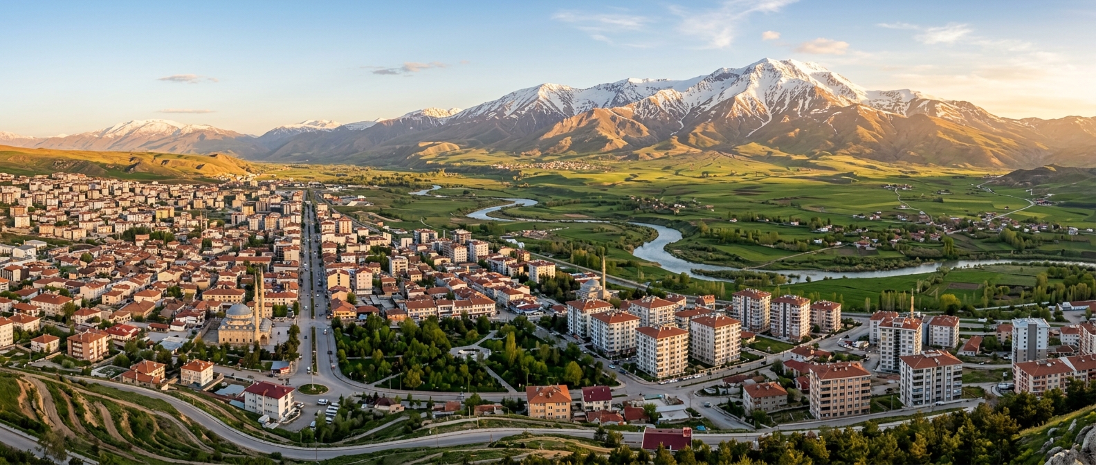 Panoramic view of Erzincan city with snow-capped Munzur Mountains in the background, Euphrates River valley, green plains, traditional and modern buildings, warm golden hour light
