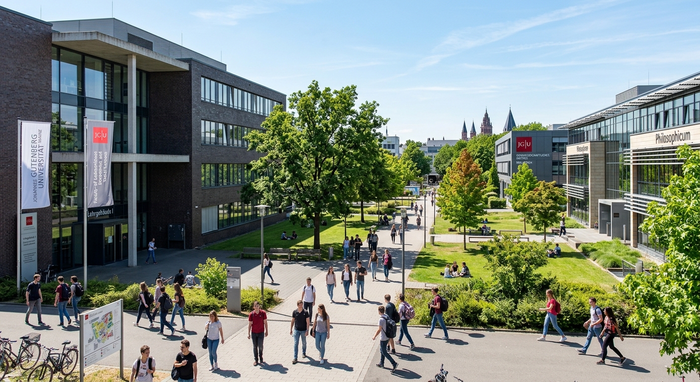 Johannes Gutenberg University Mainz campus with modern lecture buildings, green courtyards, and students walking between faculty buildings on a sunny day in Rhineland-Palatinate, Germany
