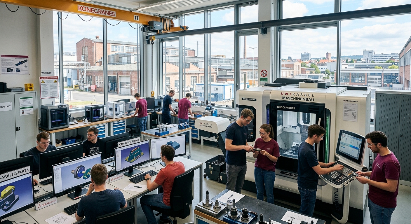 Modern engineering laboratory at University of Kassel with mechanical engineering students working on precision machinery and CAD workstations, industrial campus buildings visible through large windows, Kassel Germany