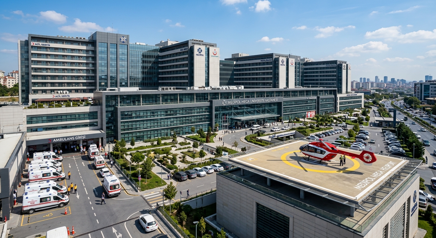 Medipol Mega University Hospital exterior, large modern hospital complex with multiple wings, ambulance entrance, medical helicopter on heliport pad