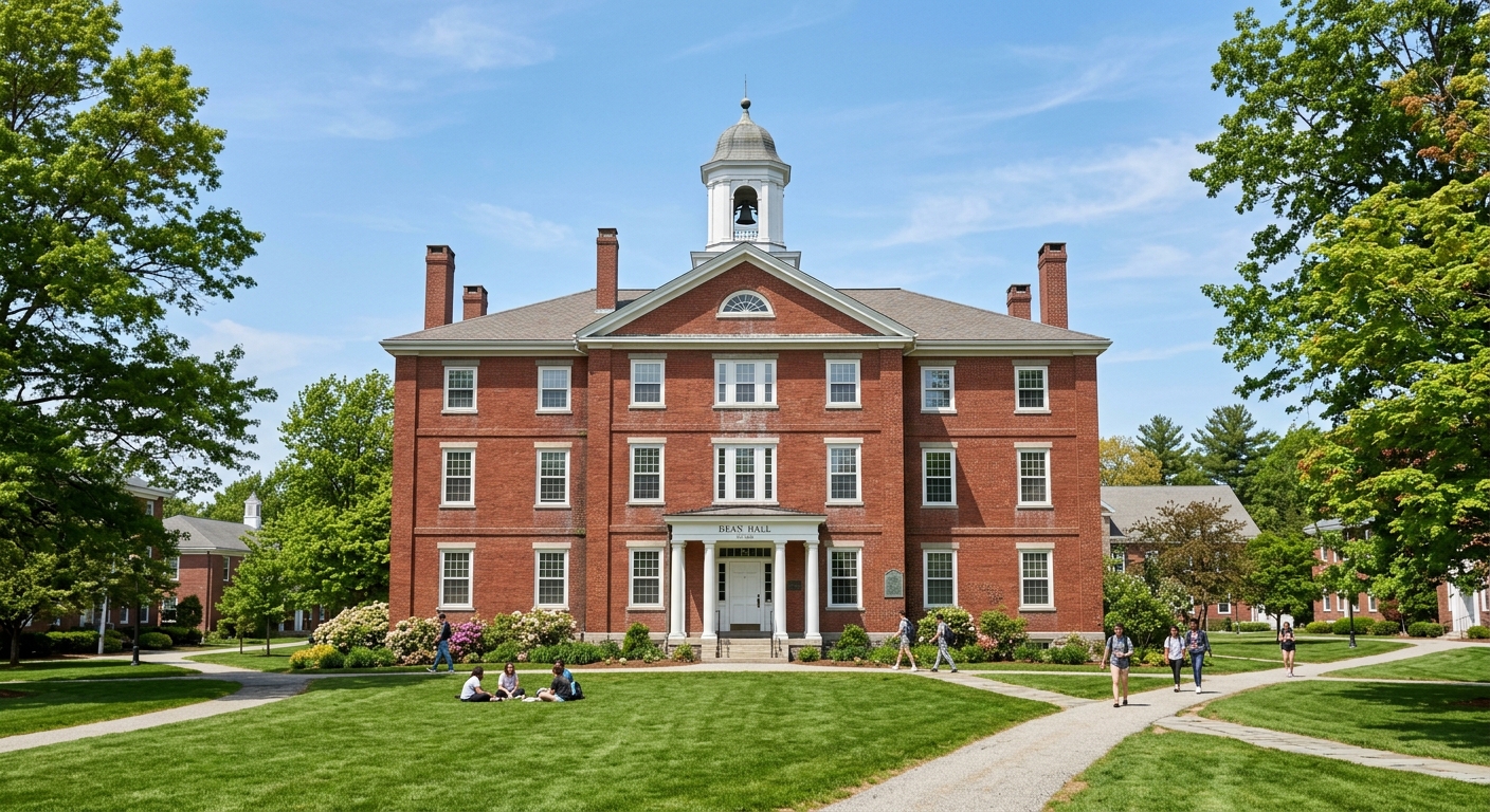 Dean Hall historic brick building at Dean College, oldest structure on campus with colonial New England architecture, green lawn in foreground, sunny day