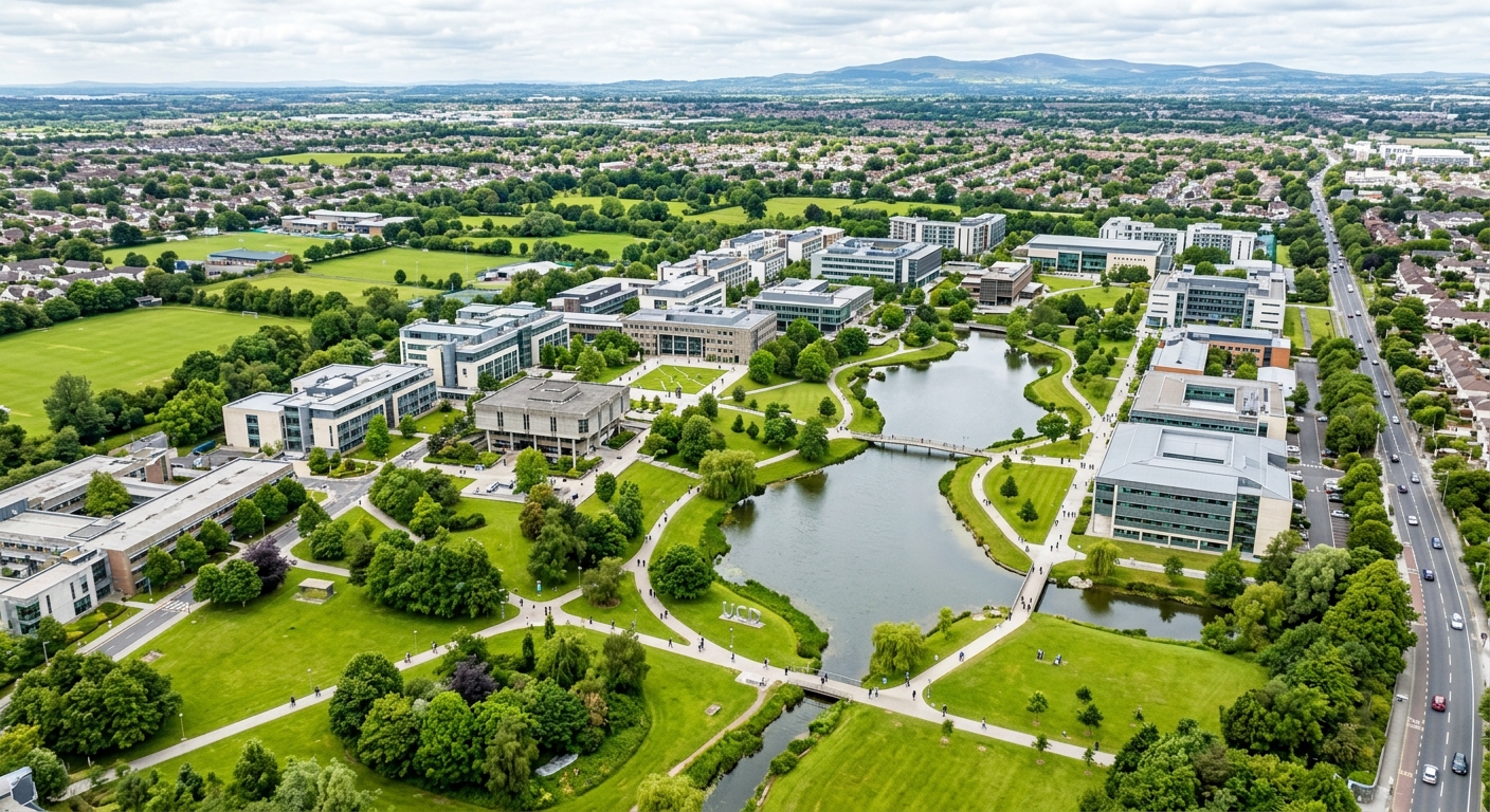 Aerial view of University College Dublin Belfield campus, expansive green parkland with modern academic buildings, lake and walking paths, Dublin suburbs in background, bright overcast sky typical of Ireland
