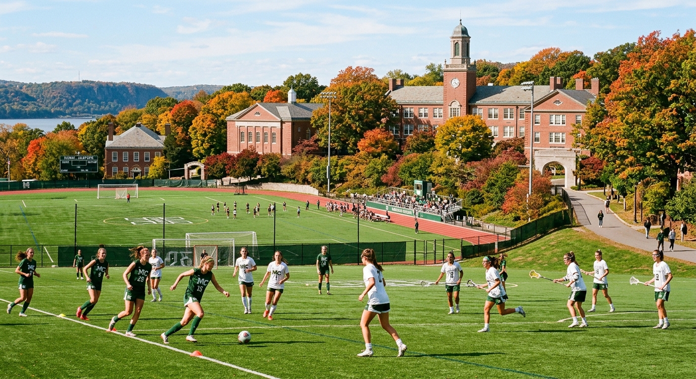 Manhattan University campus in Riverdale, New York with green athletic fields, students in activewear practicing sports drills, historic brick buildings and trees in the background, bright autumn sunlight