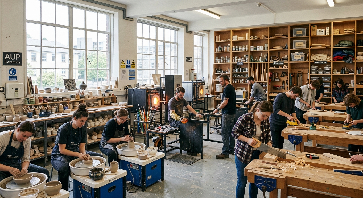 Spacious craft workshop at Arts University Plymouth with students working at ceramics wheels, glass-blowing stations, and woodworking benches, natural light streaming through large windows, materials and tools displayed on shelves