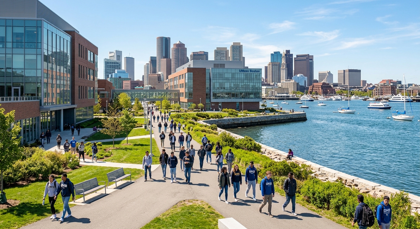 UMass Boston waterfront campus with modern buildings overlooking Boston Harbor, students walking on pathways with city skyline in the background, bright sunny day