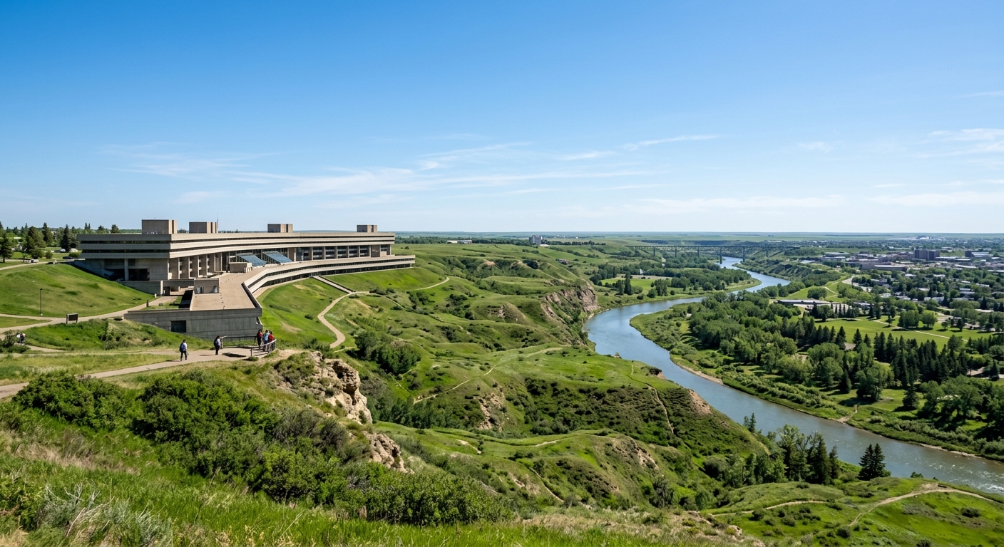 University of Lethbridge campus overlooking the Oldman River valley in southern Alberta, with the iconic Arthur Erickson-designed University Hall building, green prairie landscape, and clear blue sky