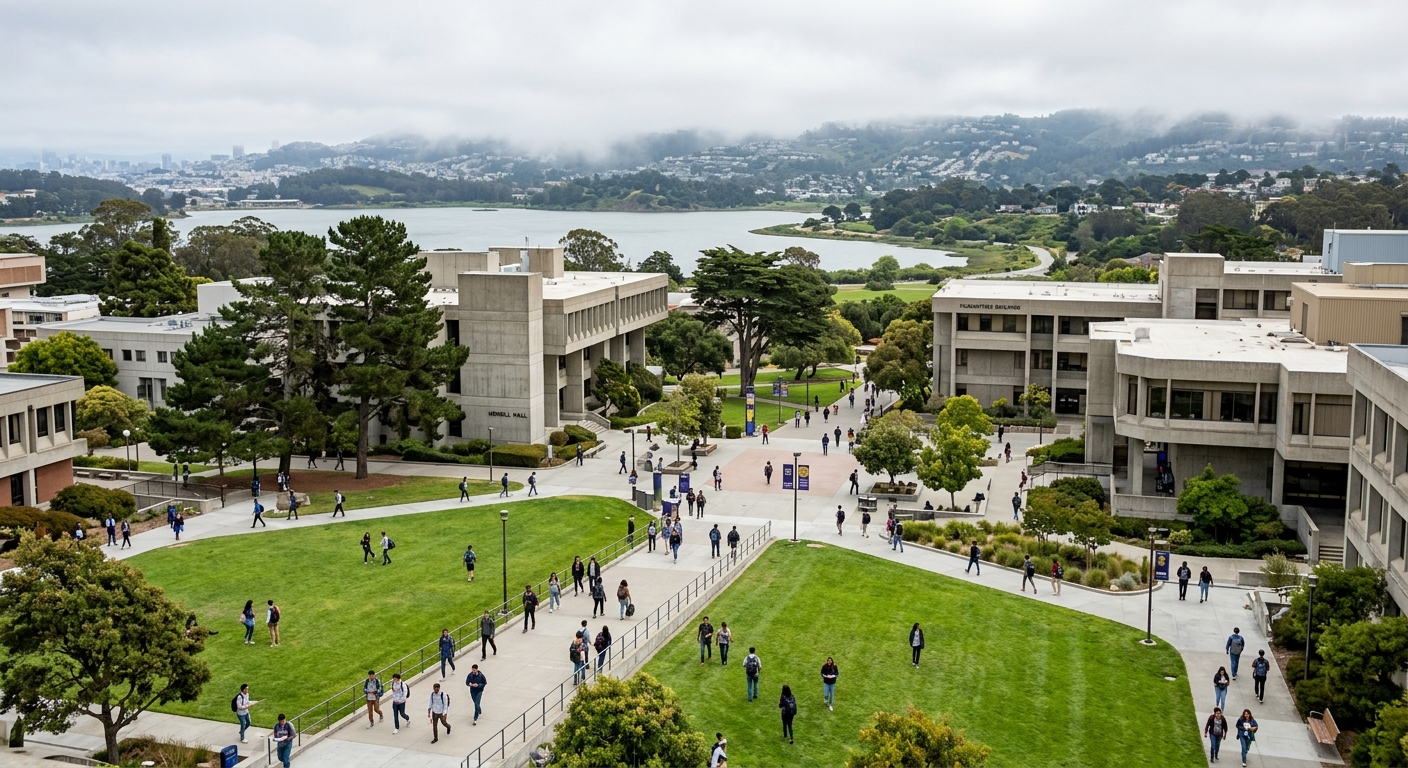 San Francisco State University campus wide shot with green lawns, modern and brutalist buildings, Lake Merced in the background, foggy San Francisco hills, students walking on pathways