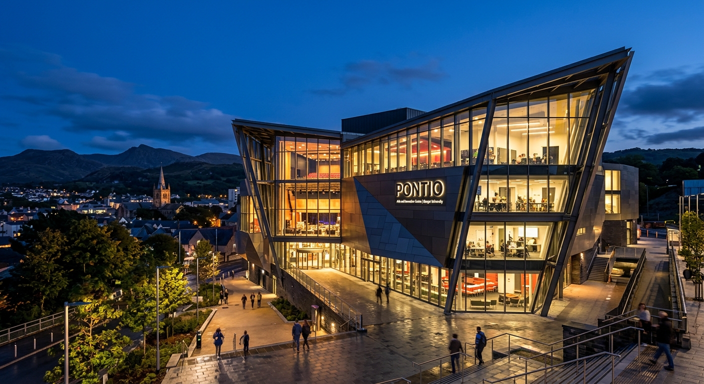 Pontio Arts and Innovation Centre at Bangor University, a modern glass and steel building with dramatic angular architecture lit up at dusk