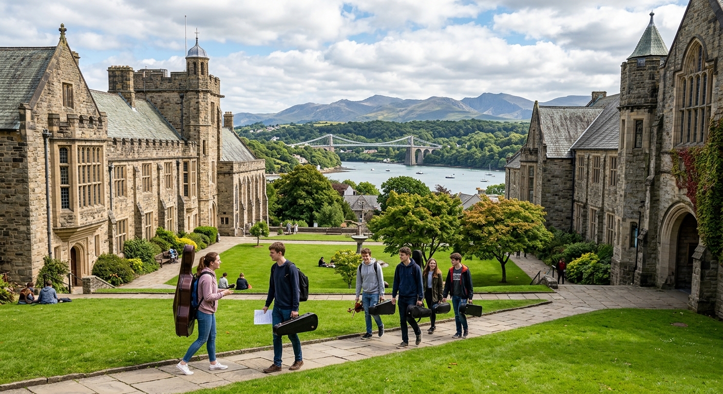 Historic Bangor University campus with stone buildings nestled between Snowdonia mountains and the Menai Strait, music students carrying instruments walking through green courtyards, dramatic Welsh coastal landscape in background