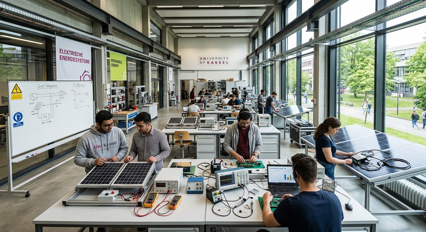 Modern electrical engineering laboratory at University of Kassel with students working on renewable energy systems, solar panels and circuit boards visible, bright industrial-style building with large windows, green campus visible outside