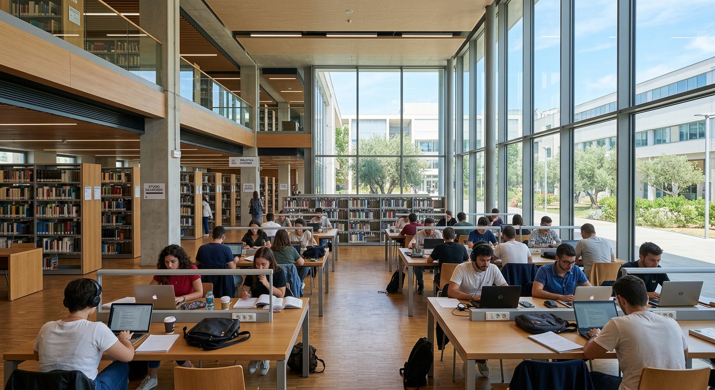 Modern university library interior at University of Bari, rows of bookshelves, study desks with students, natural light from large windows, contemporary design