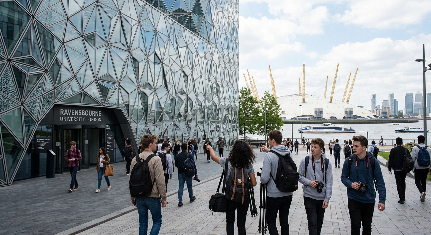 Modern Ravensbourne University London building on Greenwich Peninsula with geometric glass facade, photography students walking near the O2 Arena, creative campus atmosphere with Thames river in background