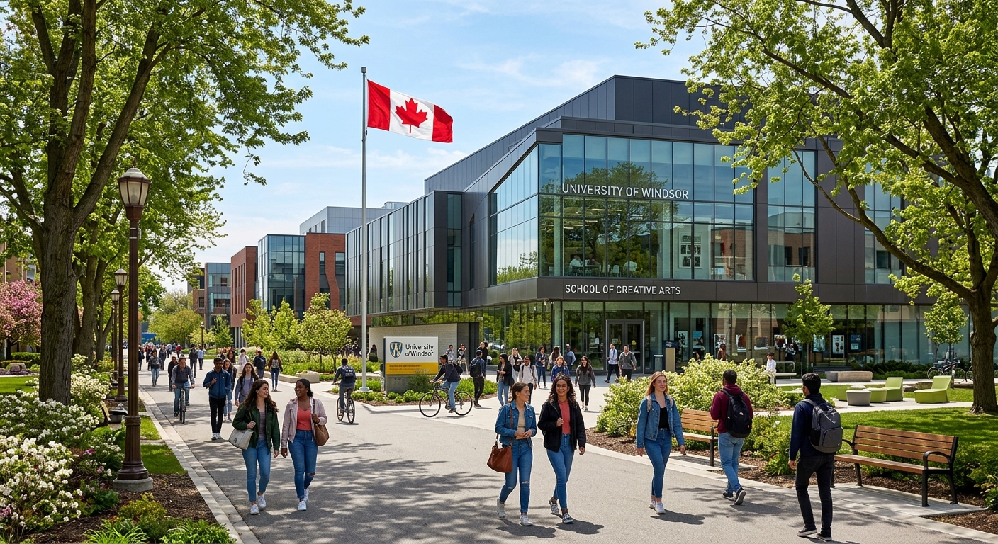 University of Windsor campus with modern media production building, students walking along tree-lined pathways, Canadian flag visible, contemporary architecture with glass facades, sunny day in Windsor Ontario