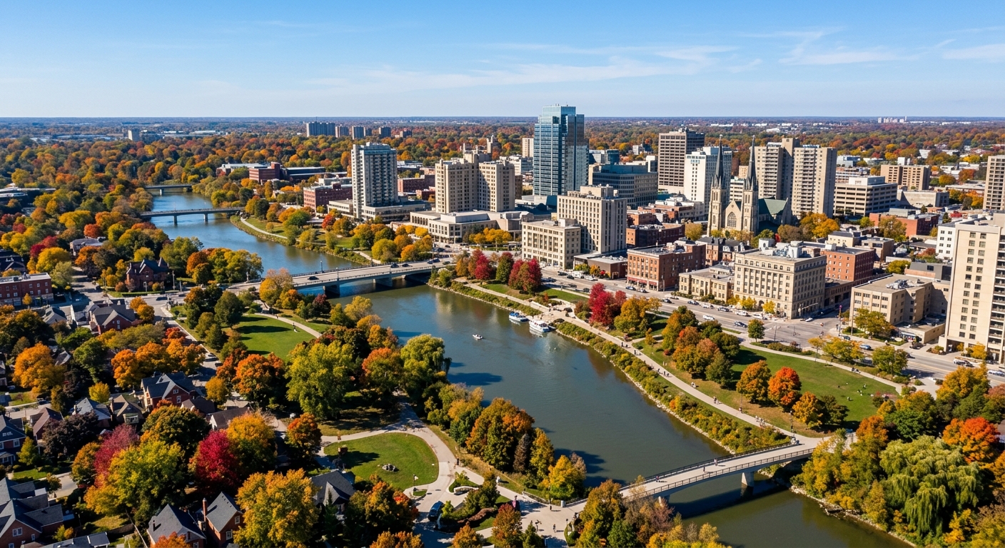 London Ontario Canada cityscape, view of downtown with Thames River winding through, green parks, heritage buildings alongside modern structures, autumn foliage, clear sky