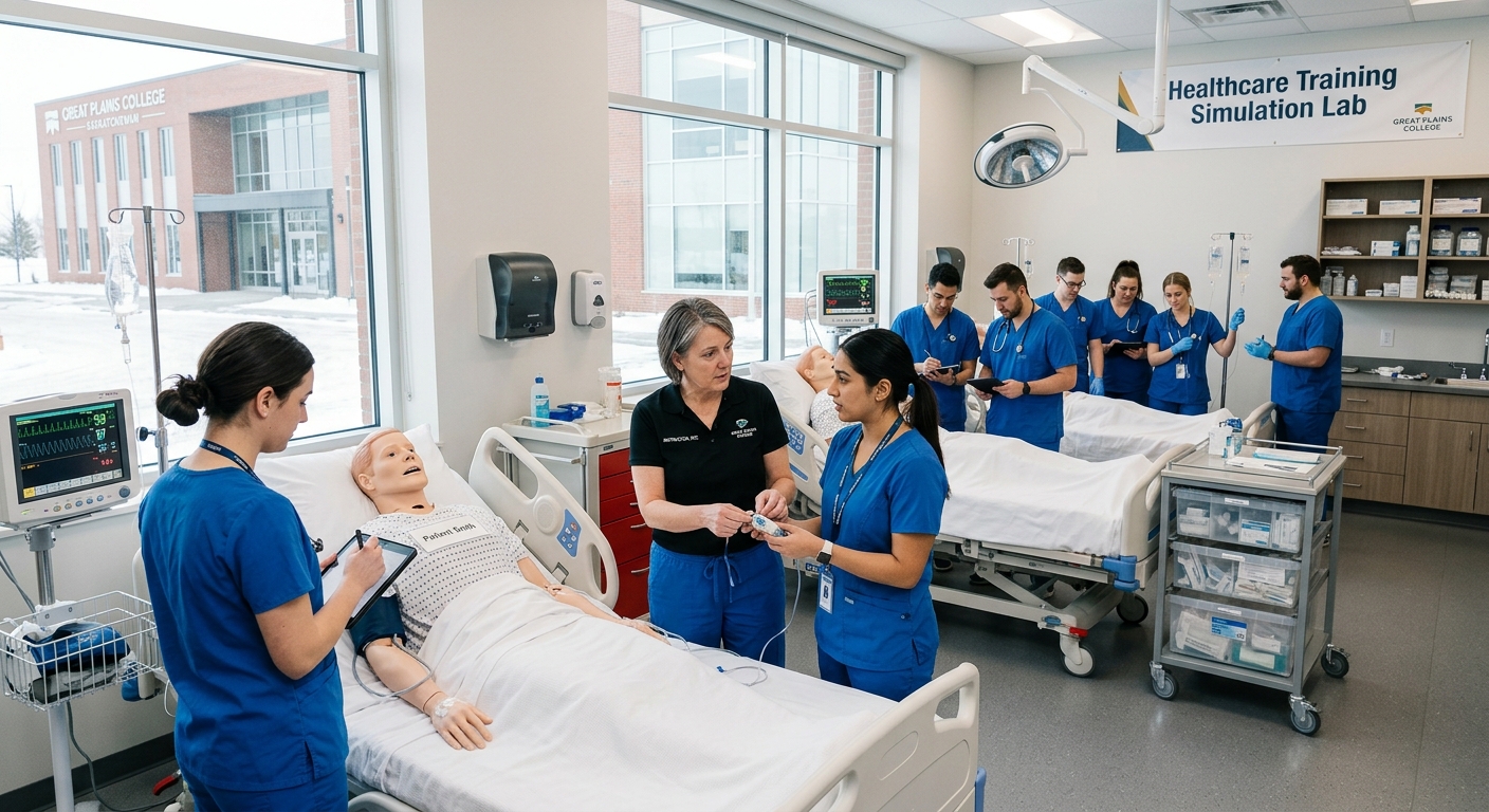 Healthcare training classroom at Great Plains College in Saskatchewan Canada, students practicing patient care skills on simulation mannequins, bright modern lab setting with medical equipment, instructor demonstrating proper technique