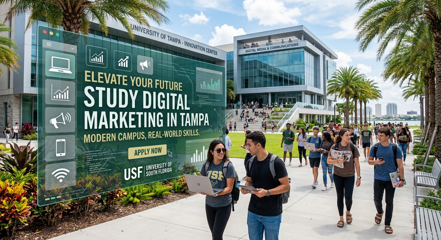 Modern university campus in Tampa, Florida with palm trees, students walking with laptops, digital marketing graphics overlaid, bright sunny day with contemporary academic buildings