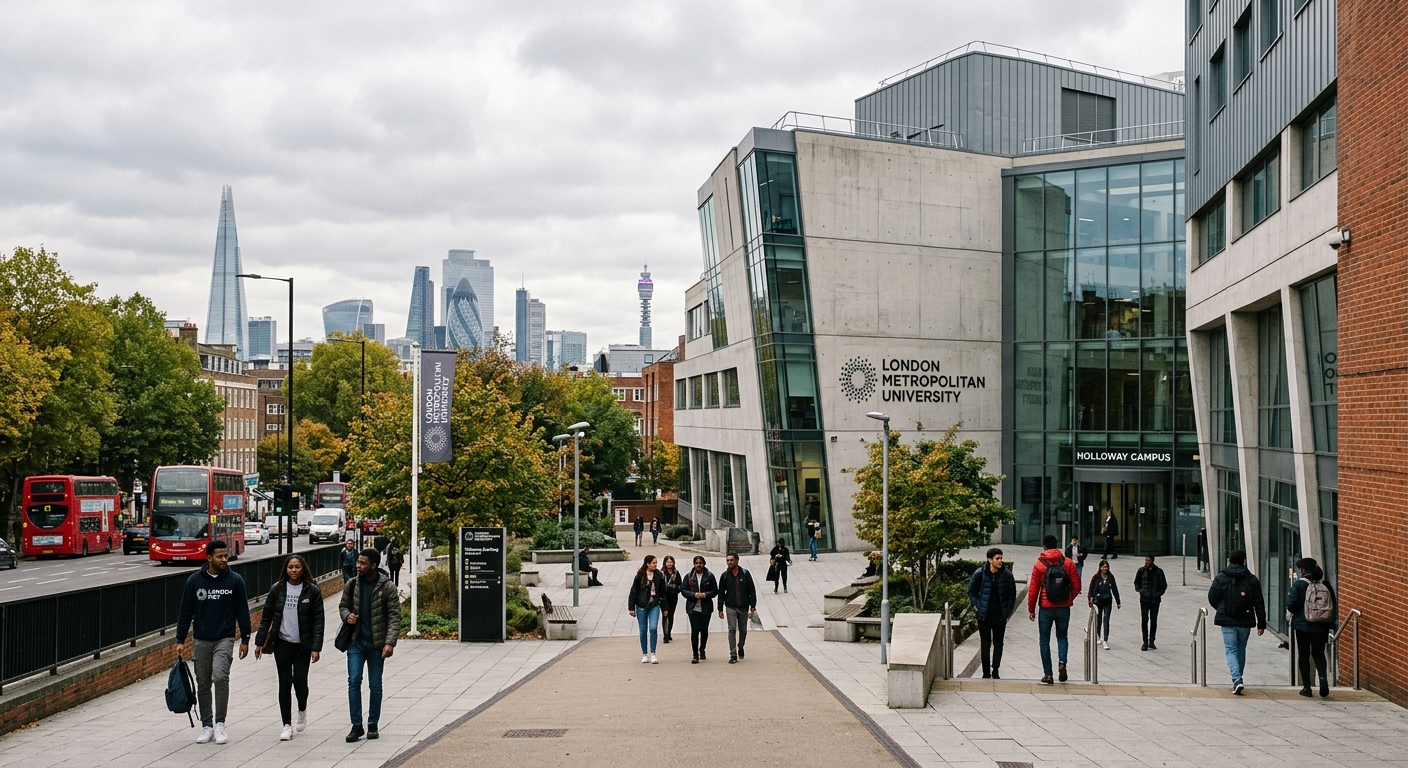 London Metropolitan University Holloway campus building exterior with modern architecture, students walking through courtyard, London cityscape visible in background, overcast sky typical of England