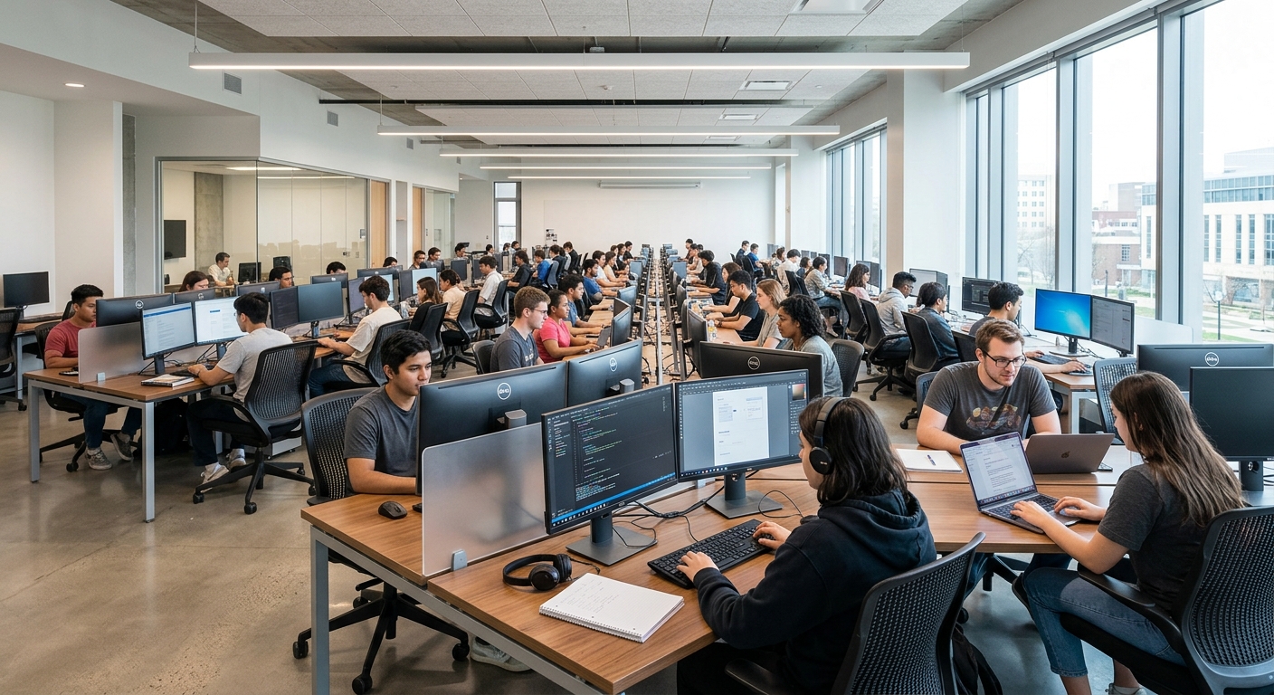 Modern computer laboratory with rows of workstations, students working on projects, bright lighting, contemporary furniture