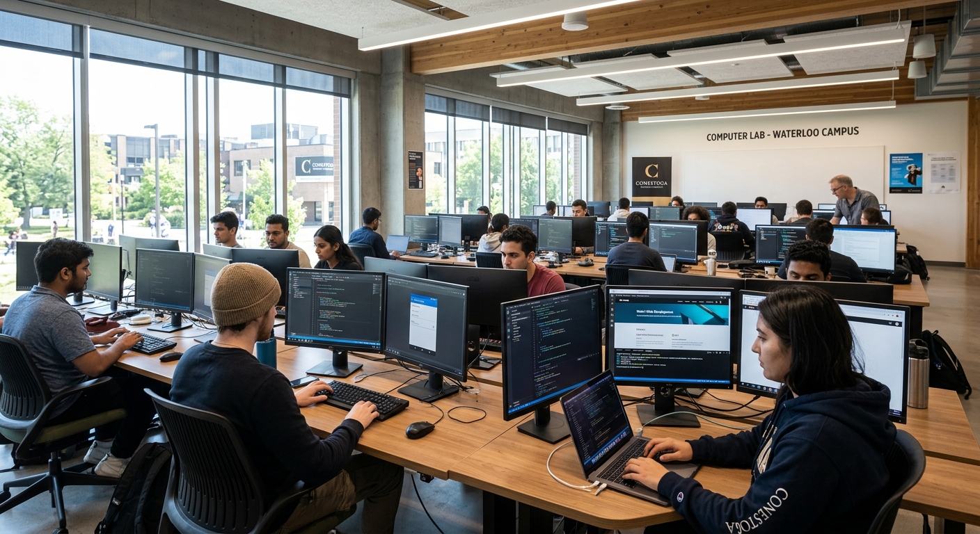 Modern computer lab at Conestoga College Waterloo campus with students coding on laptops, dual monitors displaying mobile app interfaces and web development projects, natural light streaming through large windows