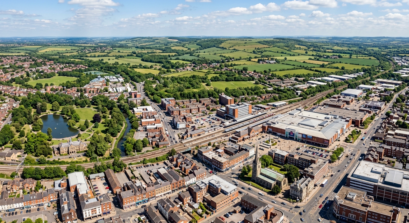 Aerial view of Luton town centre, Bedfordshire England, urban landscape with green parks, train station visible, rolling English countryside in the distance, clear day