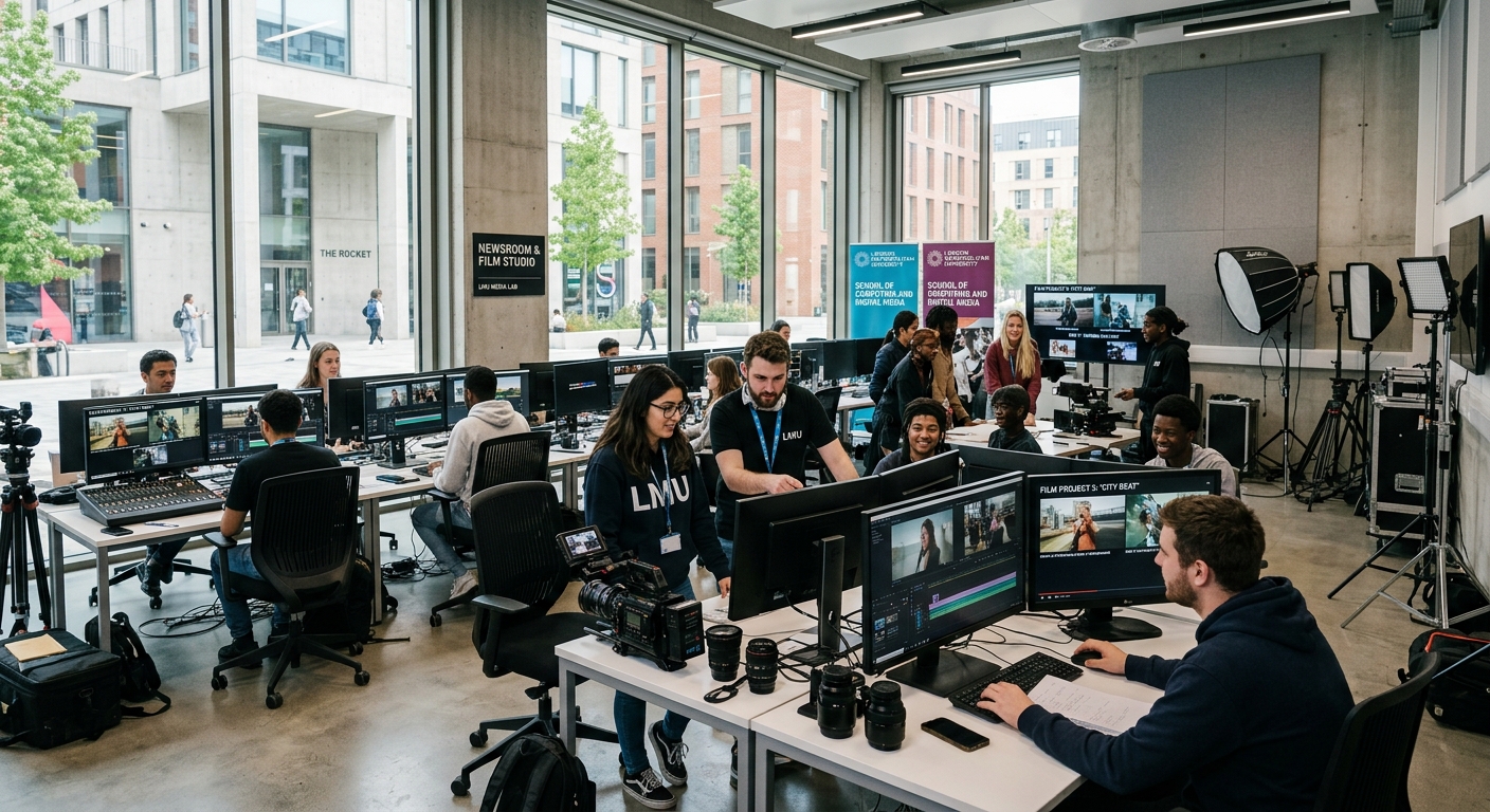 Modern university newsroom with editing suites and camera equipment, students collaborating on film projects, large monitors displaying video footage, London Metropolitan University campus with contemporary architecture and natural light