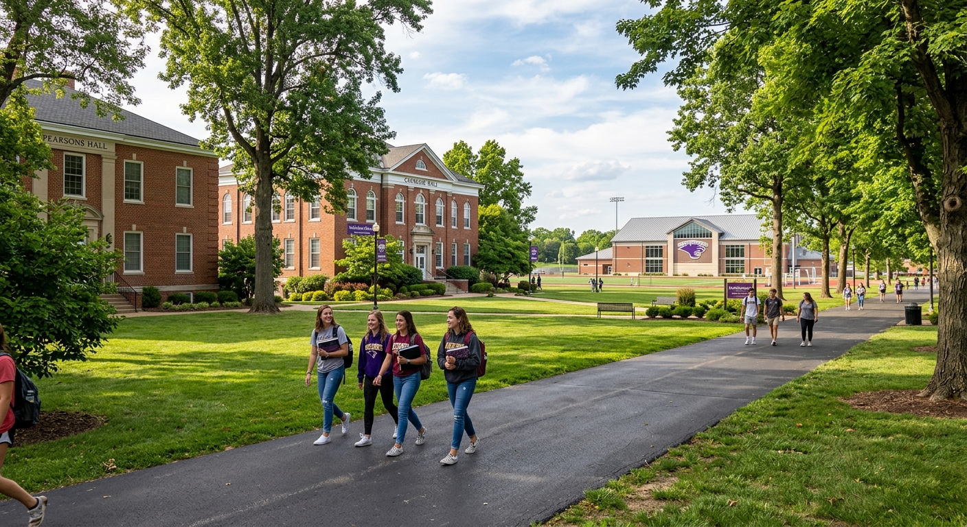 McKendree University campus in Lebanon Illinois with brick academic buildings, green lawns, and students walking along tree-lined paths on a sunny day, athletic training facility visible in background