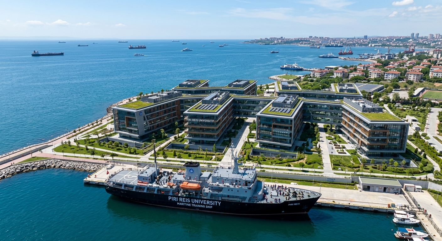 Piri Reis University seaside Green Campus in Tuzla Istanbul, modern academic buildings with eight interconnected blocks overlooking the Marmara Sea, maritime training ship docked nearby, clear blue sky