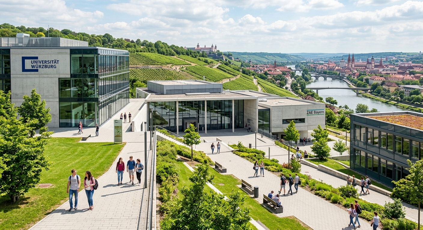 Modern Hubland Campus of the University of Würzburg with contemporary glass and concrete buildings, green lawns, students walking between lecture halls, and views of the Main River valley vineyards