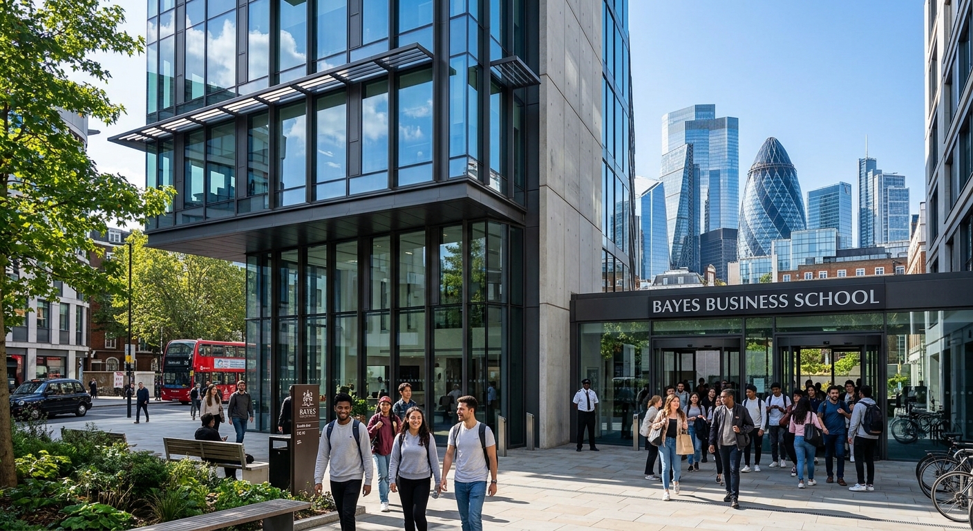 Modern Bayes Business School building exterior in London with glass facade, City of London financial district skyline in background, students walking near entrance on a sunny day