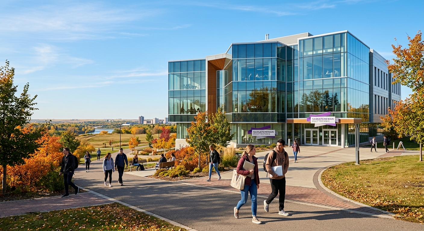 Modern Saskatchewan Polytechnic Saskatoon campus building with glass facade, students walking on pathways with laptops, Canadian prairie skyline in the background, autumn foliage, clear blue sky