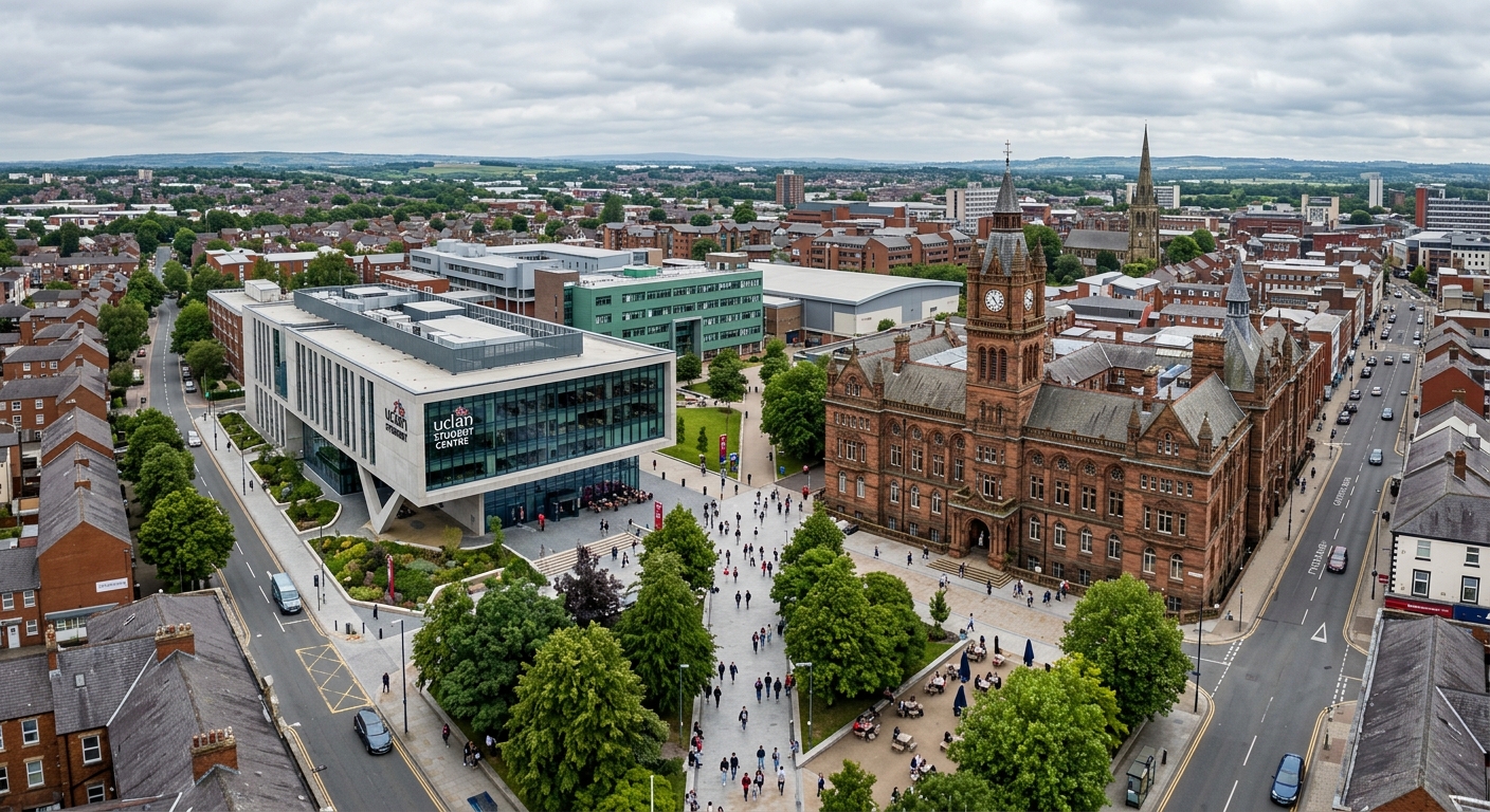 University of Lancashire Preston campus wide aerial view showing modern Student Centre building, historic Harris Building with Victorian architecture, tree-lined University Square, and urban campus setting in the heart of Preston city centre, overcast English sky