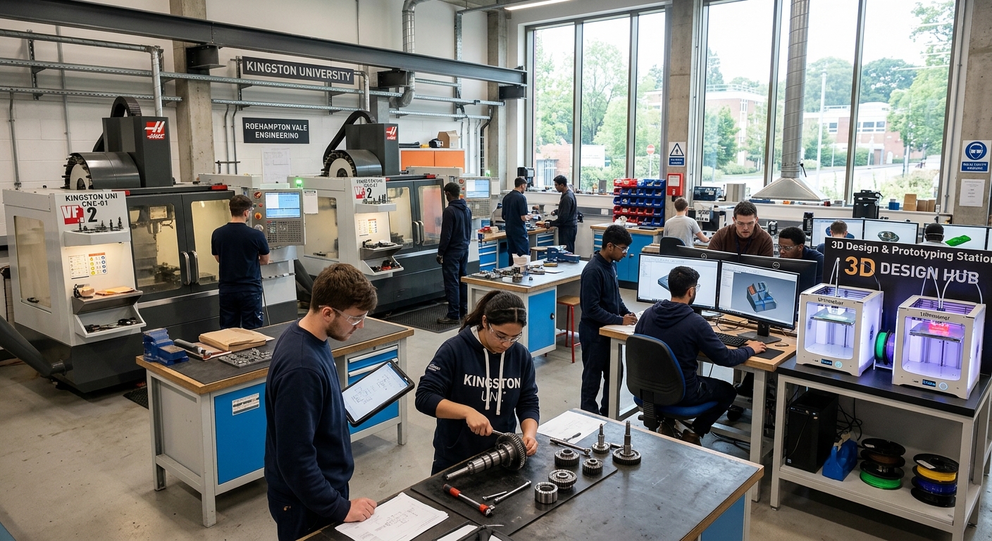 Kingston University Roehampton Vale campus engineering workshop with students working on mechanical components, CNC machines and 3D design stations visible, modern industrial learning environment with natural lighting