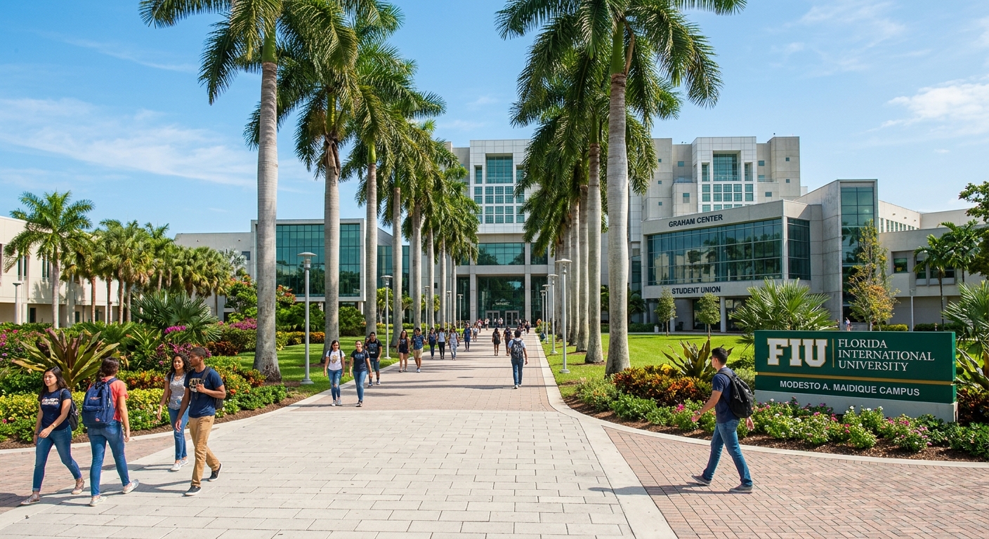 FIU Modesto A. Maidique Campus main entrance with palm-lined walkways, modern academic buildings, students walking in sunny weather, tropical landscaping