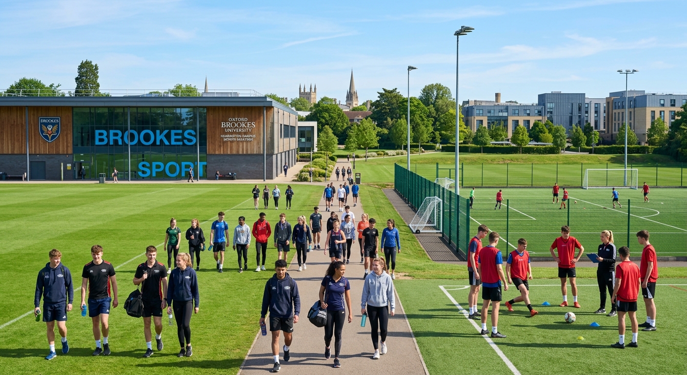 Oxford Brookes University Headington campus with modern sports facilities, students in athletic wear walking across green fields, coaching session visible on outdoor pitch, bright sunny day in Oxford
