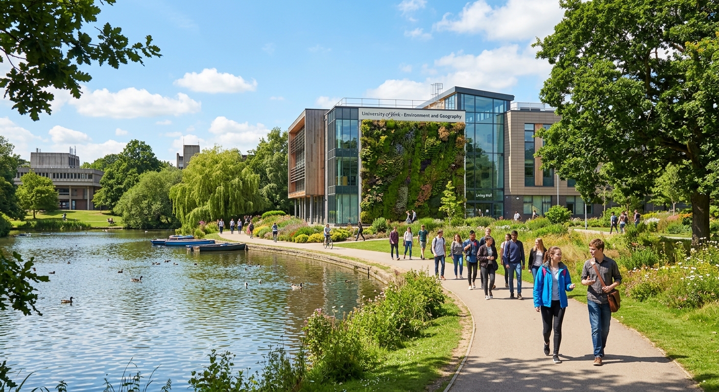 University of York Campus West with modern Environment and Geography building featuring a living green wall, surrounded by lush parkland and lake, students walking along pathways under clear skies