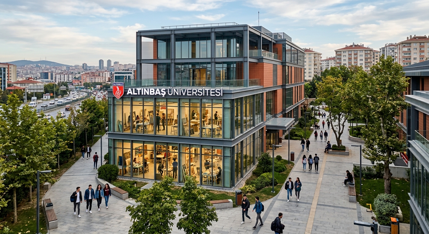 Modern Altinbas University campus building in Istanbul with contemporary architecture, art studios visible through large glass windows, students walking on tree-lined pathways, vibrant urban setting
