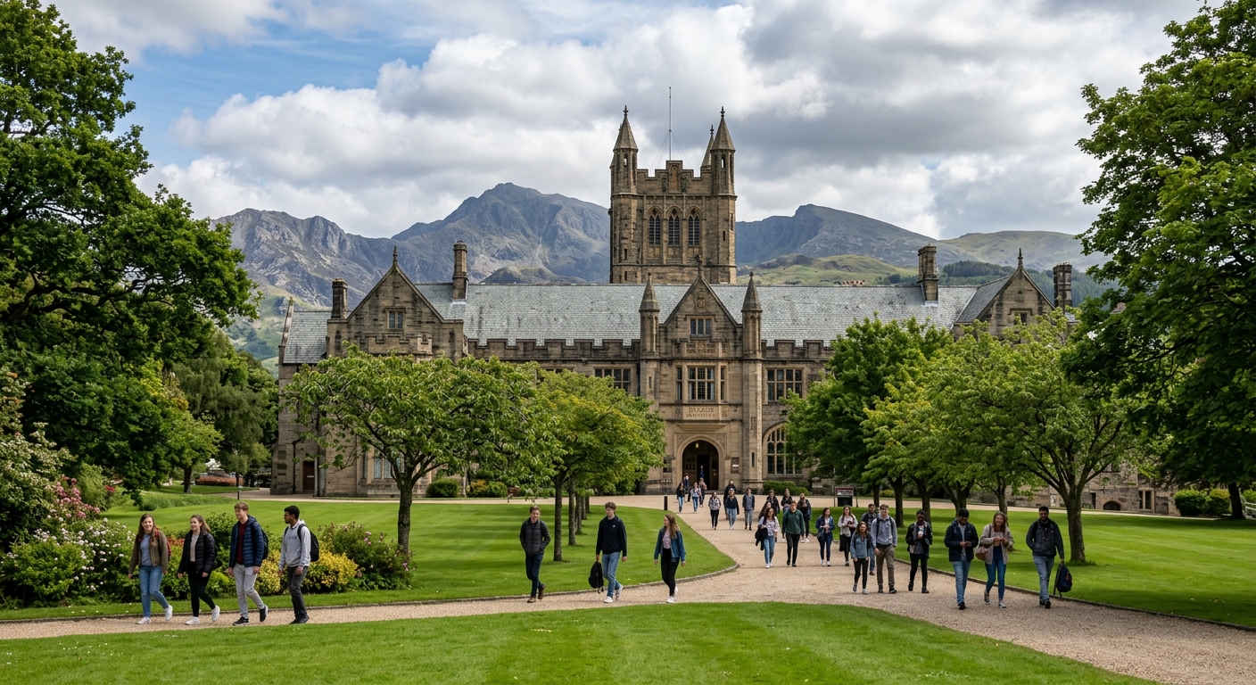 Historic Bangor University main arts building with stone architecture, green lawns in foreground, Snowdonia mountains visible in the background, students walking along tree-lined pathways under a partly cloudy Welsh sky