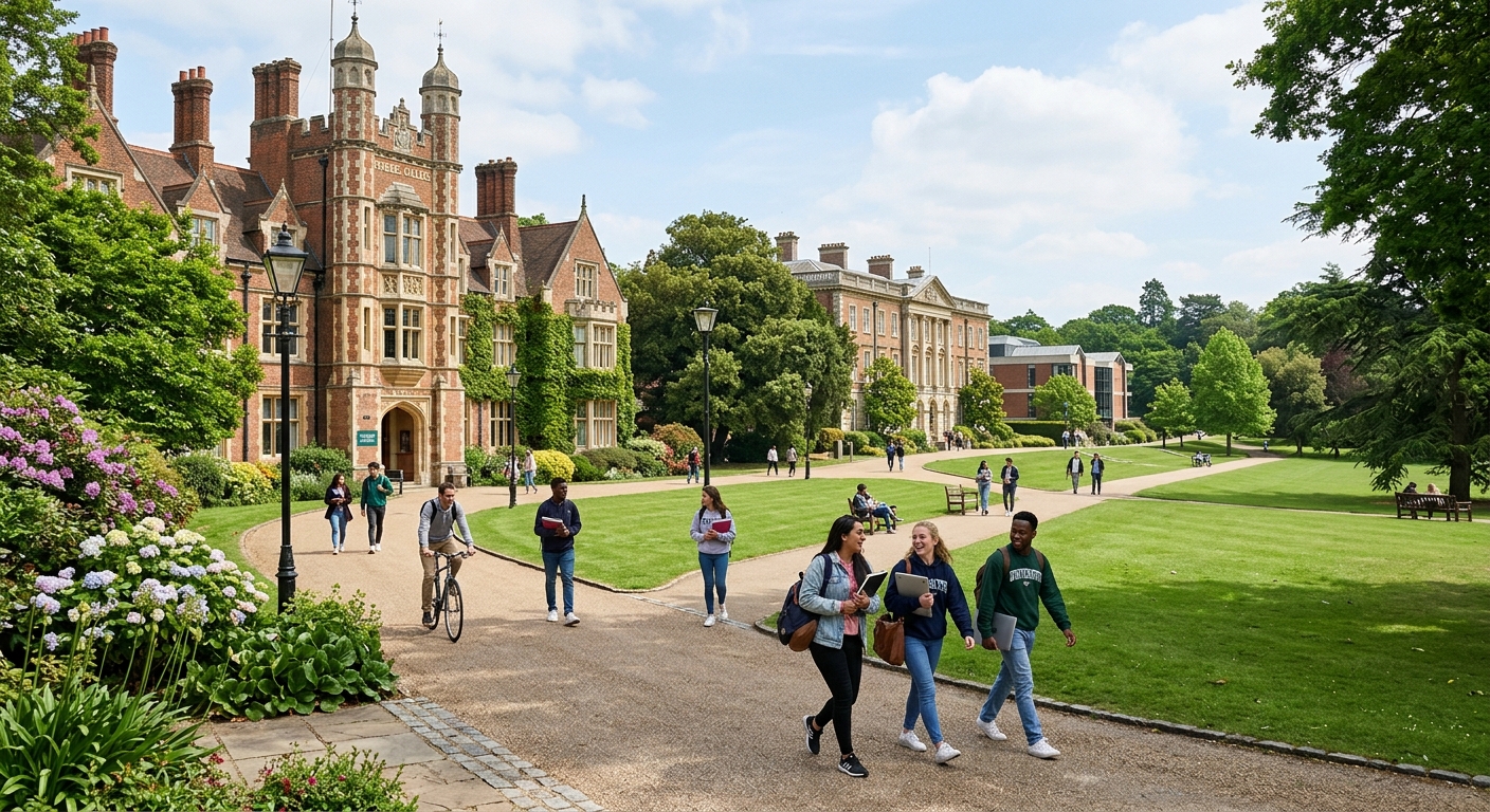 University of Roehampton parkland campus in southwest London with historic college buildings surrounded by green lawns and mature trees, students walking along pathways between lecture halls