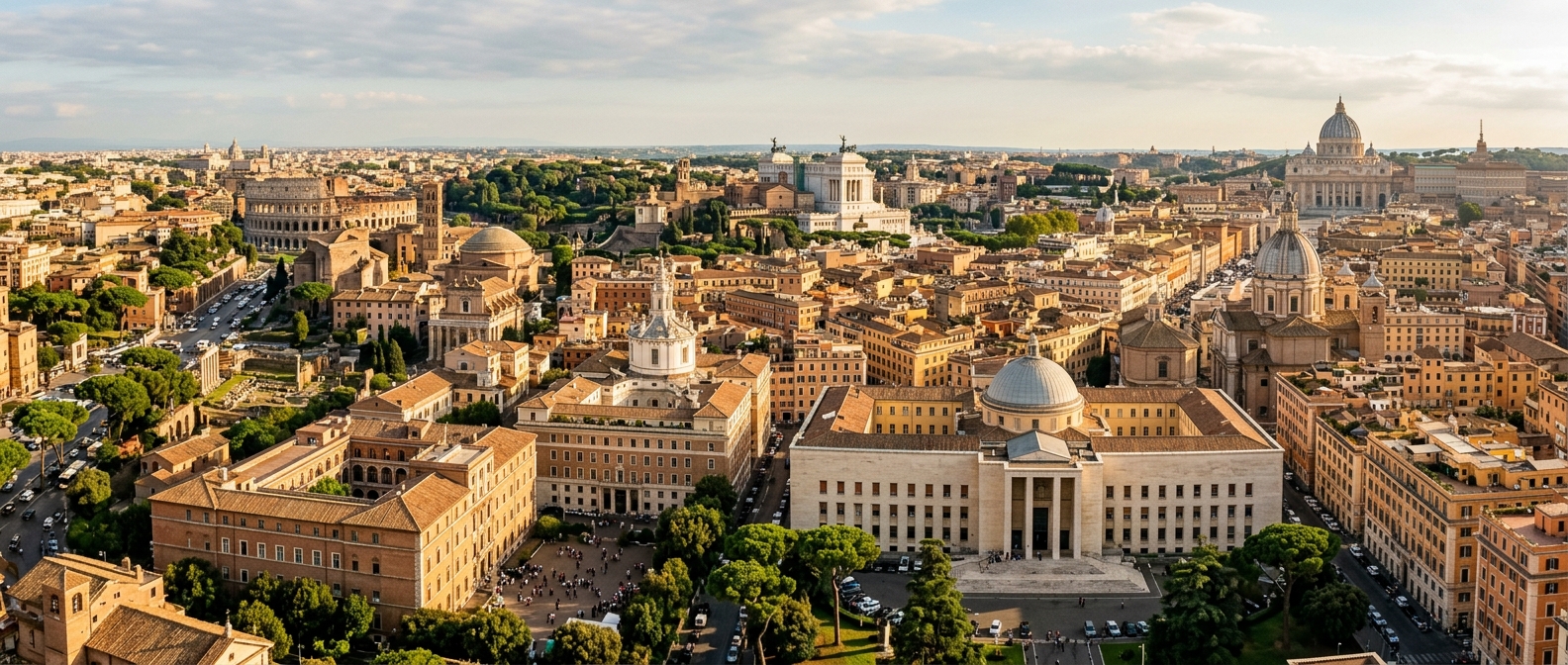 Panoramic view of Rome with historic architecture and urban landscape, Sapienza University campus buildings visible among classical Roman structures, warm Mediterranean sunlight illuminating terracotta rooftops and green courtyards