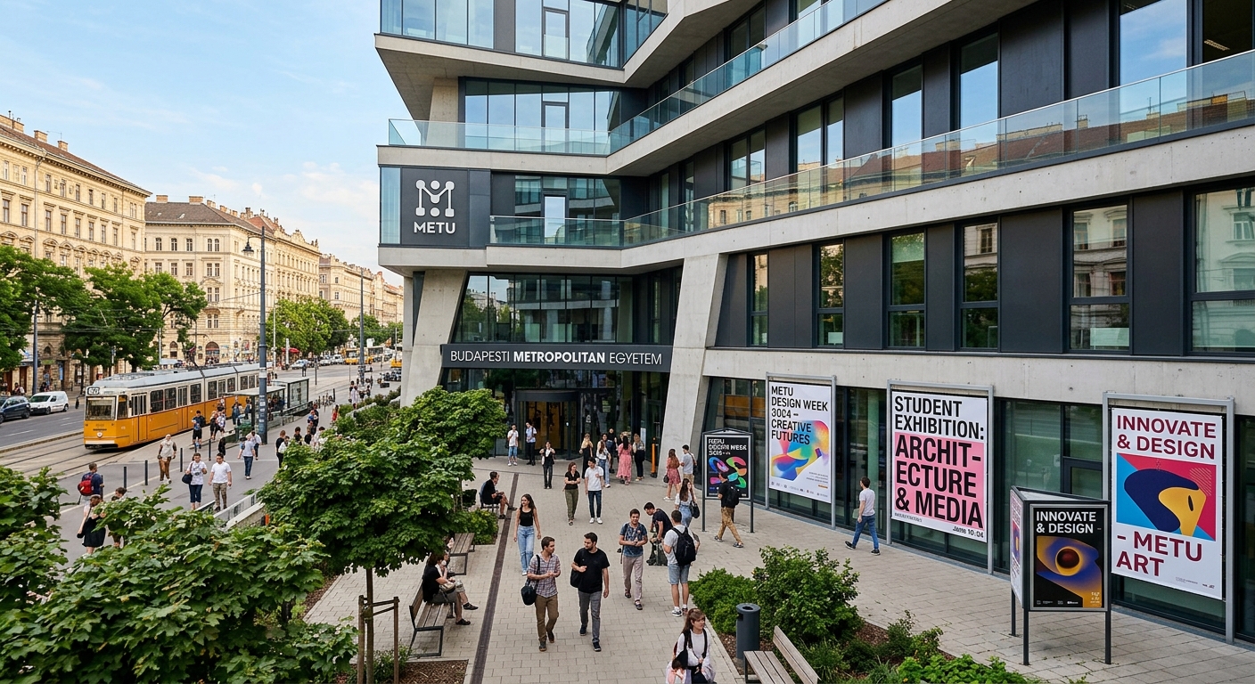 Budapest Metropolitan University campus building exterior with modern architecture, students walking through courtyard, vibrant urban setting in Budapest with design exhibition posters visible