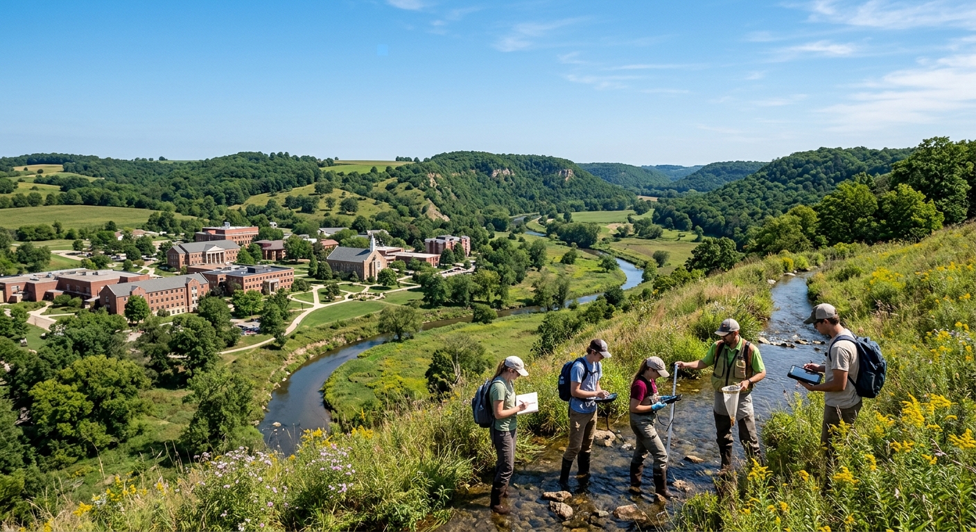 Scenic rolling green hills and valleys of the Driftless Region in southwestern Wisconsin, with a university campus nestled among native prairies, oak savanna, and a winding trout stream, students conducting outdoor fieldwork with scientific equipment under a clear blue sky
